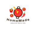 Making sauce, cooking sauce in a saucepan, logo design. Food, vegetables, tomatoes, spicy pepper, hot pepper and bell pepper, vect