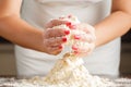 Making shortcrust pastry dough by woman's hands