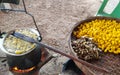 Making silk threads from yellow cocoons With the hands