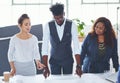 Making some changes to better their plans. a team of professionals working on blueprints in an office. Royalty Free Stock Photo