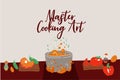 Making soup vector concept. Pot with bulbing delicious food on a fire and all ingredients around it - vegetables, meat