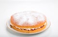 Making sponge cakes, finished cake on a plate with sifted icing sugar Royalty Free Stock Photo