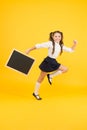 Making step. Schoolgirl pupil informing. School girl hold blank chalkboard copy space. Follow me. Announcement and