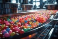 Making sweets, candy factory conveyor belt. Sweets factory