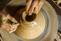 Pottery wheel with potter`s hands . Royalty Free Stock Photo