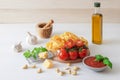 Making tomato pesto, with fresh pasta, parmesan cheese, keshu nuts, basil and olive oil Royalty Free Stock Photo