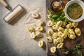 Making tortellini with fresh spinach,overhead,view