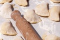 Making traditional food pierogy with dough roller