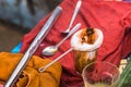 Making traditional Thai milk tea using coffee bag in Stainless Steel Pot. Old Thai tea made shop street food Royalty Free Stock Photo