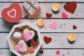 Making Valentine beauty gift. Various bath accessories. Items for the spa in pink color. Valentines Day background. Royalty Free Stock Photo