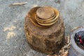 Making wooden bowl with hands in a workshop Royalty Free Stock Photo