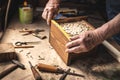 Making wooden insect hotel in workshop Royalty Free Stock Photo