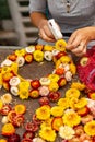 Making wreath autumn colorful strawflower