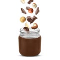 Making yummy chocolate paste. Hazelnuts and pieces of chocolate falling into jar on white background Royalty Free Stock Photo