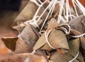 Making zongzi - ingredient of Chinese rice dumpling zongzi making on table at home for Dragon Boat Festival celebration, close up