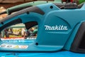 Makita logo on an electric instrument close-up. Minsk, Belarus - april 5, 2024