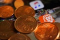 Macro close up of pile one and two euro cent copper coins on computer screen Royalty Free Stock Photo