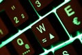 Makro closeup of green illuminated computer keyboard keys with letters, numbers and special charactets Royalty Free Stock Photo