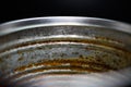 Makro closeup inside metal food can with rusty corroded surface Royalty Free Stock Photo