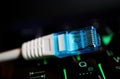 Makro closeup of isolated blue white network connector cable on illuminated computer keyboard selective focus on metal contacts Royalty Free Stock Photo