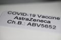 Makro closeup of label with batch code number of astrazeneca covid-19 vaccine