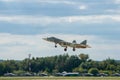 MAKS-2013. Close-up. Russian fifth-generation Su-57 (NATO - Felon) multirole fighter jet descends to land