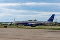 MAKS-2013. Soviet and Russian medium-haul narrow-body jet passenger aircraft Tu-204 stands on runway.