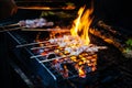 Mala Chinese BBQ grill chicken, meatballs and vegetables with Charcoal and fire