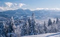 Mala Fatra mountains with Velky Rozsutec and Stoh hills from Velka Raca hill in Kysucke Beskydy mountains during winter Royalty Free Stock Photo