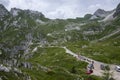 Mala Spice Cime Verdi peaks view from Mangart saddle, Slovenia\'s Highest Panoramic Road, heavy clouds before rain, foggy day