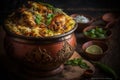 Malabar Chicken Biryani: Succulent chicken, fragrant rice, and warm spices aromatic delight. Served with raita and crunchy