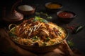 Malabar Chicken Biryani: Succulent chicken, fragrant rice, and warm spices aromatic delight. Served with raita and crunchy