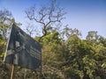 A Malaber pied horn bill, bird, Anthracoceros coronatus, also known as lesser pied hornbill, on the sign board at Dandeli Anshi Royalty Free Stock Photo