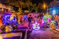 MALACCA, MALAYASIA - MARCH 18, 2018: Night view of colorful rickshaws in the center of Malacca Melaka