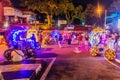 MALACCA, MALAYASIA - MARCH 18, 2018: Night view of colorful rickshaws in the center of Malacca Melaka