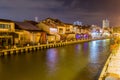 MALACCA, MALAYASIA - MARCH 18, 2018: Night view of Malacca river in the center of Malacca Melaka