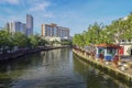 MALACCA, MALAYSIA - NOV 7, 2015 Cruise tour boat sails on the Malacca River in Malacca.