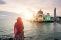 Malacca Straits Mosque with Muslim pray in Malaysia. Malaysian m