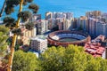 Malaga city view, Andalusia, Spain - city panorama with traditional spanish bullring Royalty Free Stock Photo