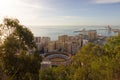 Malaga panorama, Spain. Bullring and harbor landscape city view