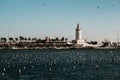 Malaga seaport with a lighthouse. Royalty Free Stock Photo