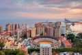 Malaga, Spain dawn skyline towards the Mediterranean Sea