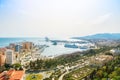 MALAGA, SPAIN - FEBRUARY 16, 2014: Panoramic view to the port of Royalty Free Stock Photo