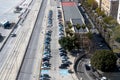 Top view of the parking lot, cars, roads. Parking spaces for the disabled