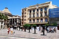 View of Constitution Square with the former town hall to the rear, Malaga, Spain.