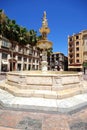 View of the Genova fountain in Constitution Square, Malaga, Spain.