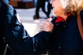 March for education. Strike. Civilian woman and policeman handshake