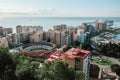 Malaga / Spain - October 2019: Landscape city view. Popular touristic destination. Overlooking the whole town: bull ring, harbour Royalty Free Stock Photo