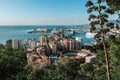 Malaga / Spain - October 2019: Unique cityscape of city center. View from famous viewpoint. Overlooking the whole town: bull ring Royalty Free Stock Photo