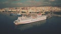 MALAGA, SPAIN - SEPTEMBER 27, 2018. Aerial view of city port and docked Trasmediterranea ferry Royalty Free Stock Photo